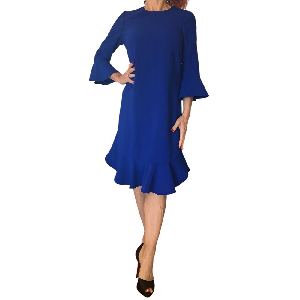 RICKIE FREEMAN TERI JON COBALT BLUE SHIFT DRESS BELL 3/4 SLEEVE RUFFLE HEM SZ 4